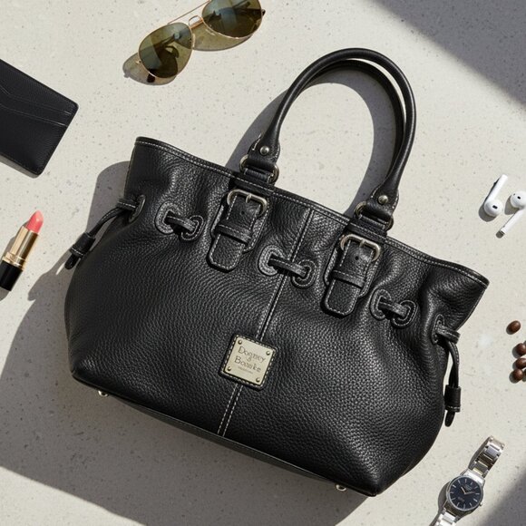 Dooney And Bourke Black Leather Handbag Gold Hardware Double Handle White Stitch - Picture 3 of 7